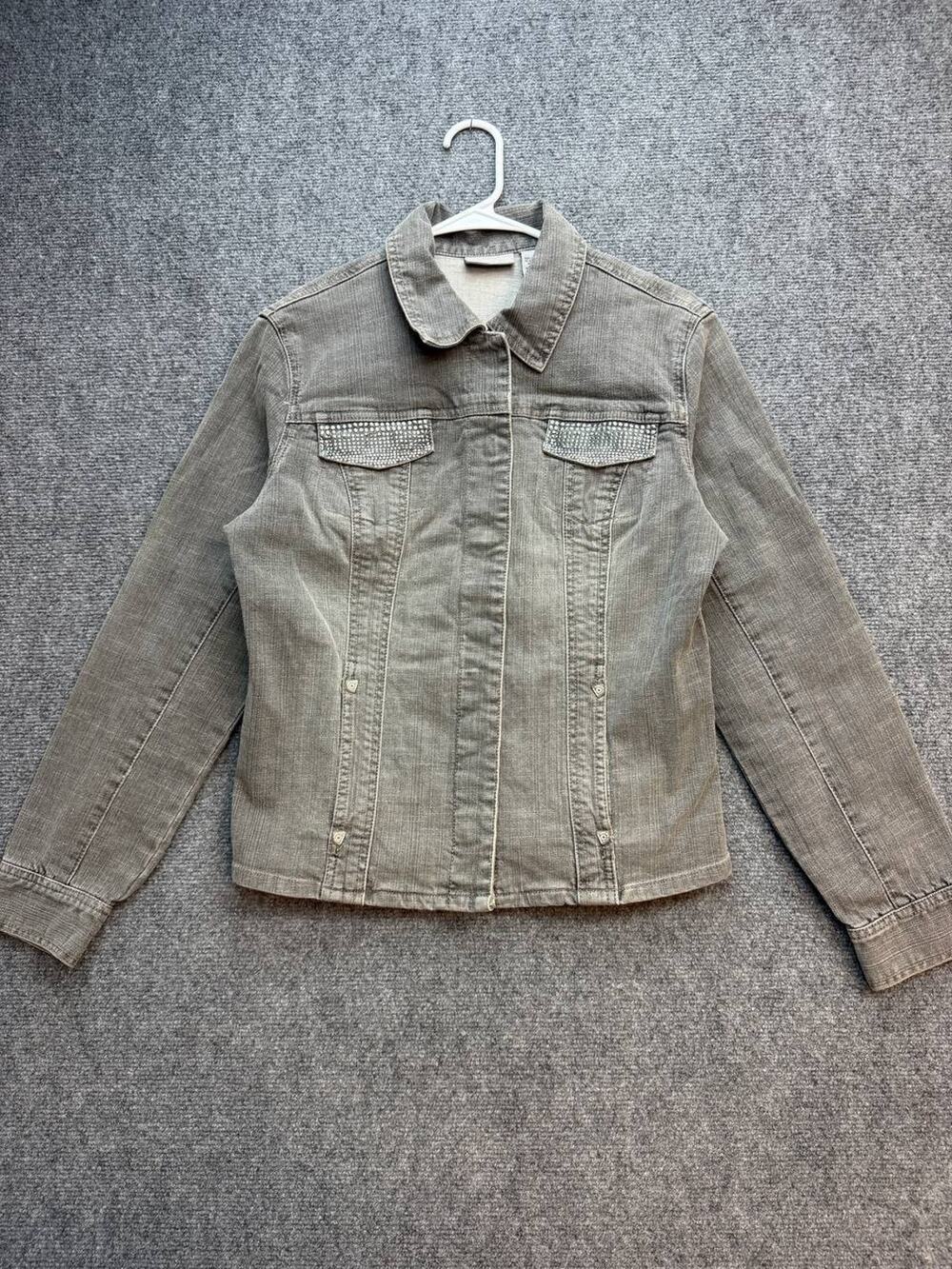 Y2K Chico's Platinum Women's Denim Jacket Size 1 Gray Rhinestone Stretch
